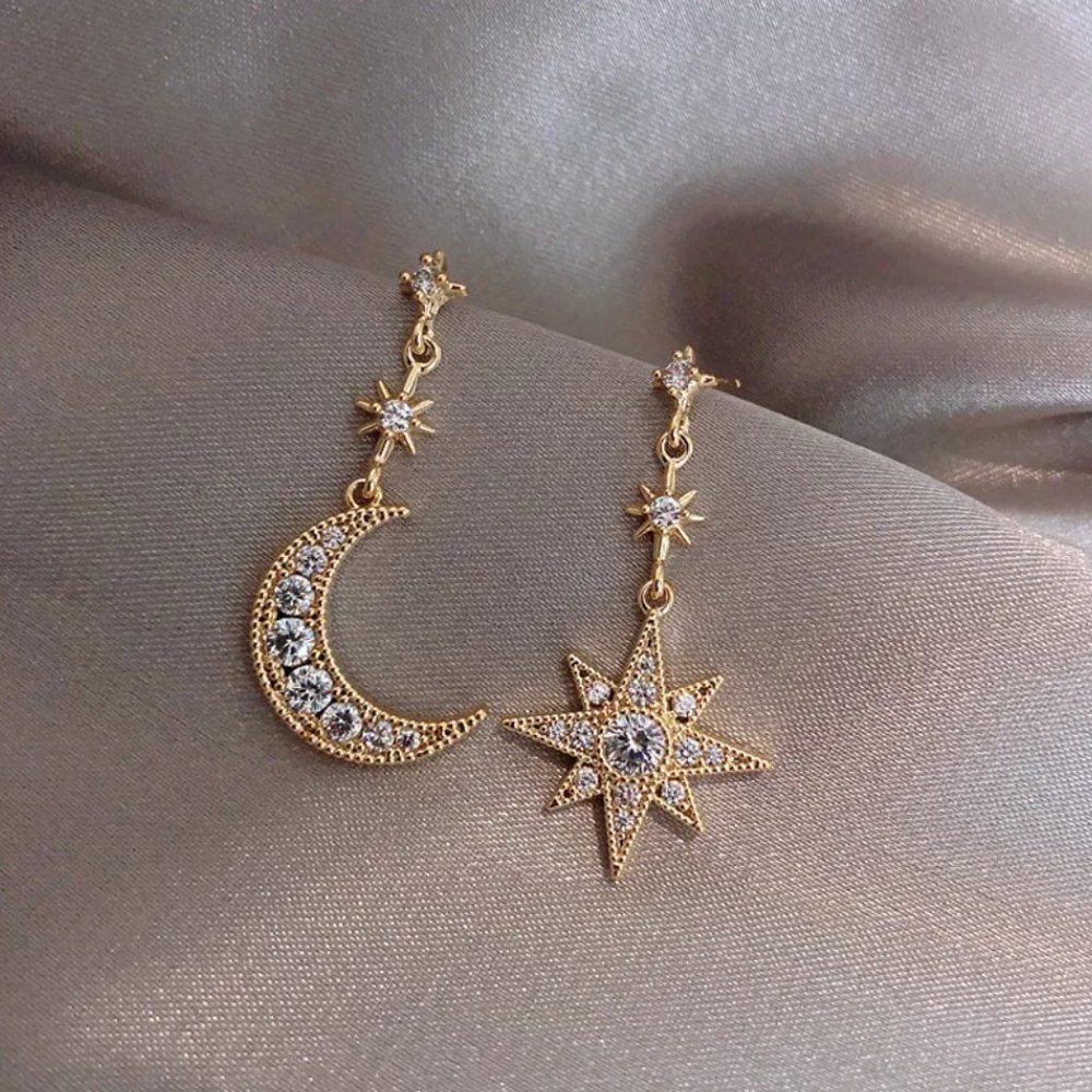 Sparkly Crescent Moon & Stars Celestial Ethereal Gold & CZ Diamonds Earrings - Picture 6 of 6